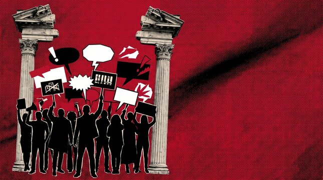 A crowd of silhouetted people holding signs and protest banners beneath ancient, broken pillars on a vibrant red background. The scene depicts a protest or demonstration.
