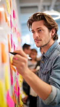 Young creative man writing on sticky notes during office brainstorm