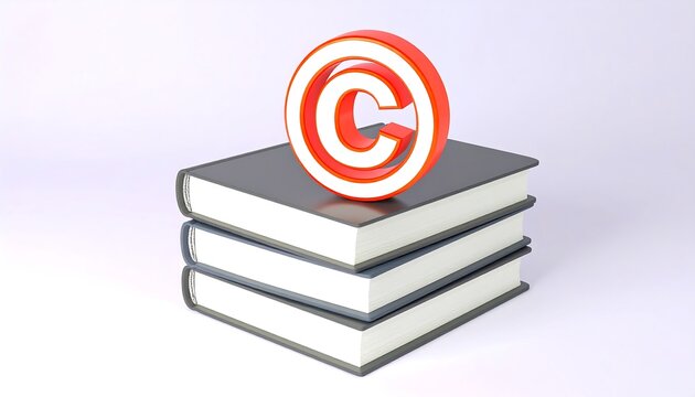 Copyright symbol resting on a stack of hardcover books