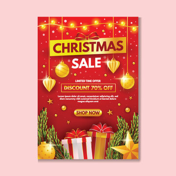 Christmas sale flyer with golden ornaments, gift boxes, and festive lights on a red background