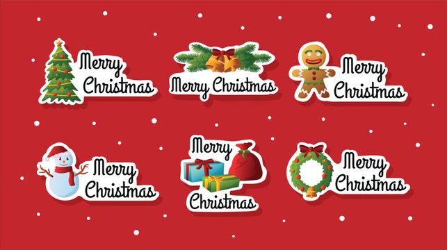 Sticker Set with Festive Holiday Icons on Red Background for Seasonal Greeting Cards