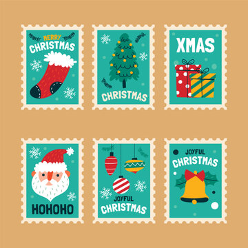 Christmas postage stamp set with festive holiday icons in flat vector illustration style