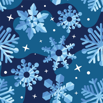 Christmas snowflake seamless pattern with blue geometric ice crystals for festive winter holiday background wallpaper