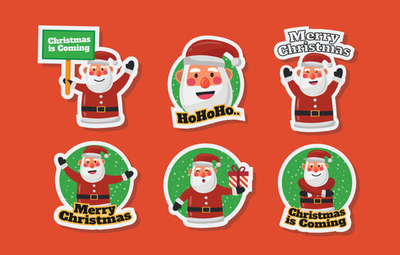 Santa Claus sticker set with Merry Christmas greetings and festive holiday icons in flat vector style