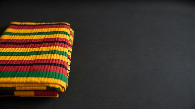 Folded traditional ghanaian kente cloth fabric with vibrant colorful stripes