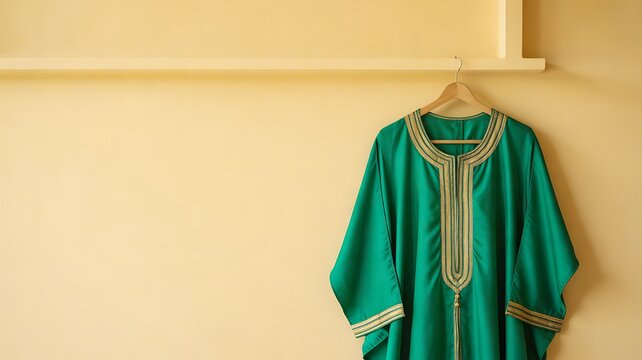 Traditional green kaftan with gold embroidery hanging on wooden hanger against a beige wall