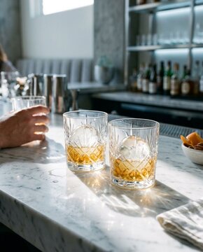 Two Crystal Whiskey Glasses With Ice Spheres On Bar Counter