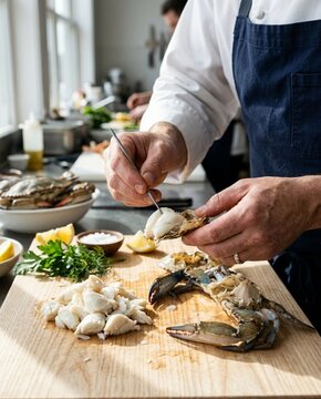 Chef Hands Picking Fresh Lump Blue Crab Meat On Board