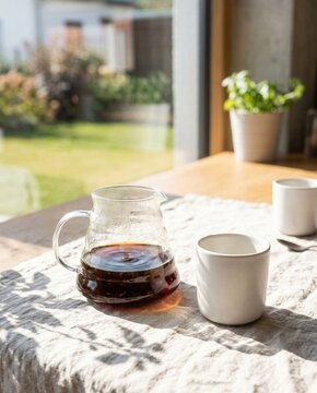 Glass Coffee Server And Ceramic Mug On Table Near Window