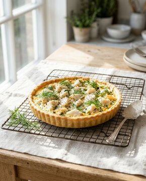 Homemade Seafood Fish Quiche Tart With Fresh Dill On Wire