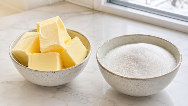 Fresh butter cubes and granulated white sugar in ceramic bowls on a bright kitchen countertop