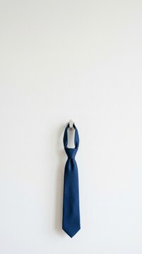 Blue silk necktie hanging on a modern metal hook against a minimalist white wall