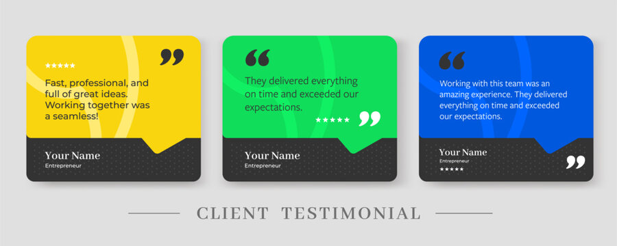 Testimony client cards with testimonial quote feedback and template social post. Quotation infographic box with speech review speaker and talk banner design.