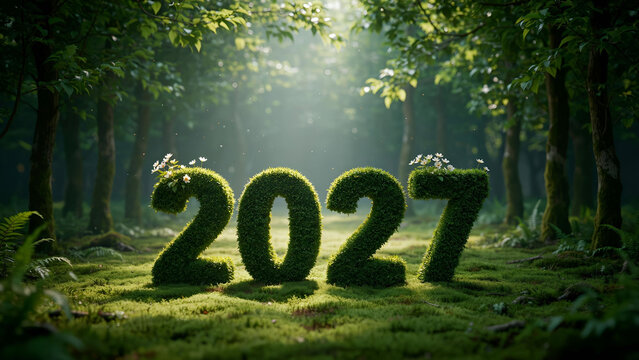 Creative natural scene with green moss shaped as the year 2027 in a forest setting.
