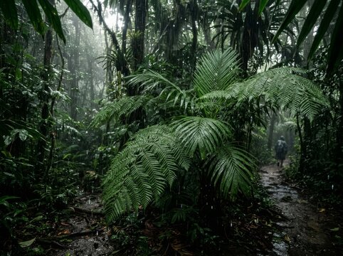 Dense tropical rainforest during heavy rain with lush green ferns in the foreground and a distant hiker on a wet muddy path