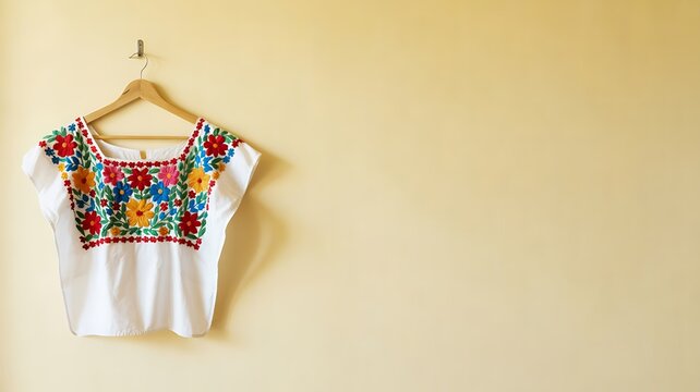 Traditional white blouse with colorful floral embroidery hanging on wooden hanger against a beige wall