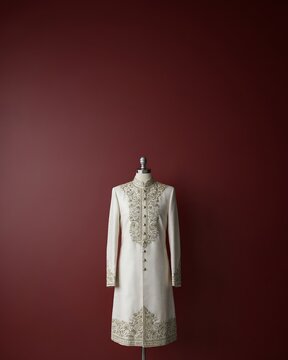 Elegant cream colored traditional indian sherwani for wedding groom on a mannequin