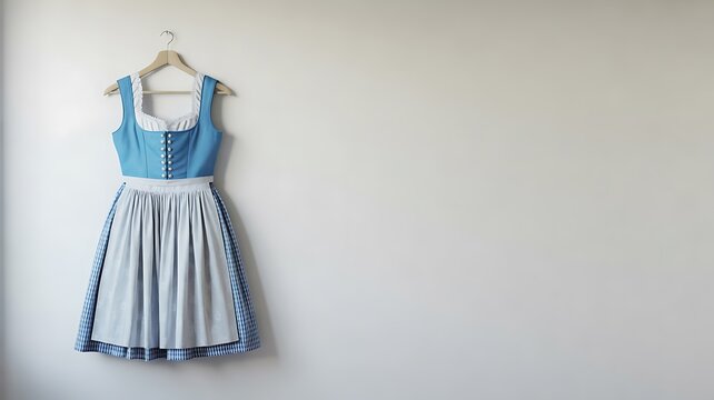 Traditional blue and white Bavarian dirndl dress hanging on a wooden hanger against a neutral wall