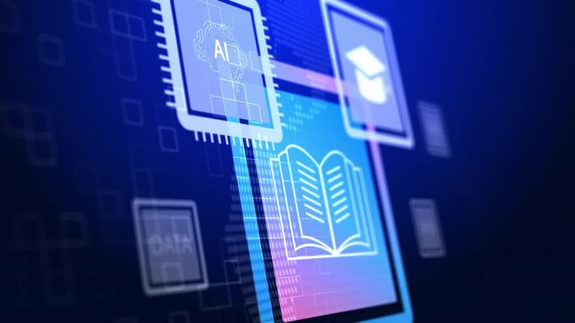 Artificial intelligence in digital education with AI microchip, graduation cap, open book and data icons on futuristic background, illustrating smart learning and educational technology.
