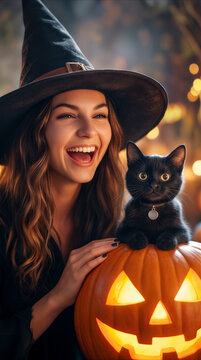 Joyful witch in pointed hat posing with black cat sitting on carved glowing pumpkin. Halloween party masquerade concept.