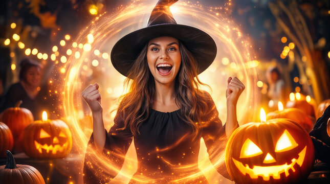 Delighted young woman wearing witch hat celebrating Halloween surrounded by glowing magical light effects and carved pumpkins at festive outdoor evening event.