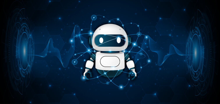 Artificial intelligence robot. Modern technology. Intelligent assistant robot of the future world. Chatbot mascot on a blue background.