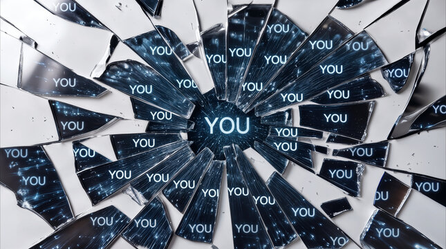 Shattered mirror reflecting illuminated word YOU on dark background. Conceptual representation of identity crisis, fractured self-perception, and digital ego.