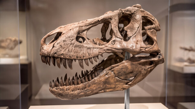 Fossilized skull of Tyrannosaurus rex displayed on metal stand in natural history museum exhibit. Prehistoric predator paleontology display in gallery.