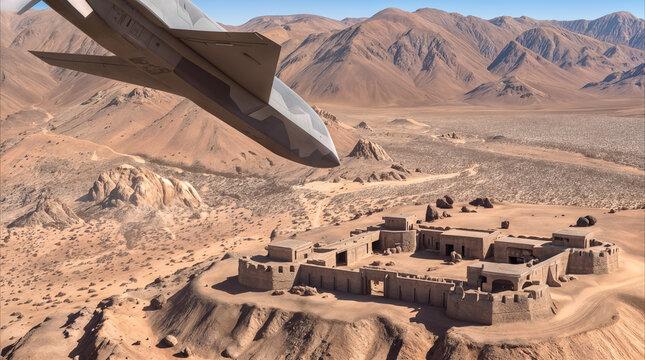 Unmanned stealth drone flying low over fortified desert compound in mountainous arid terrain. Aerial military reconnaissance mission concept.