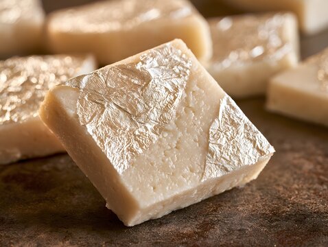 Delicious kaju katli indian sweet mithai with silver leaf close up