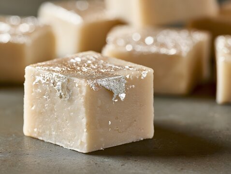 Traditional indian sweet kaju katli garnished with silver leaf close up