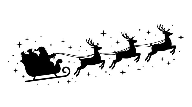 Santa claus sleigh pulled by flying reindeer silhouette vector illustration on white background
