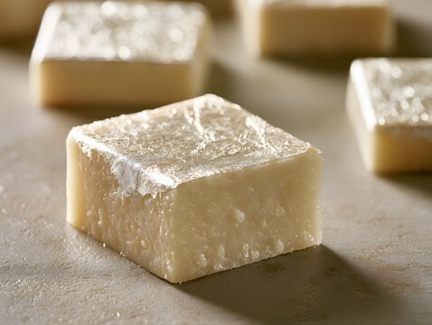 Traditional indian sweet burfi or kaju katli cubes in macro view