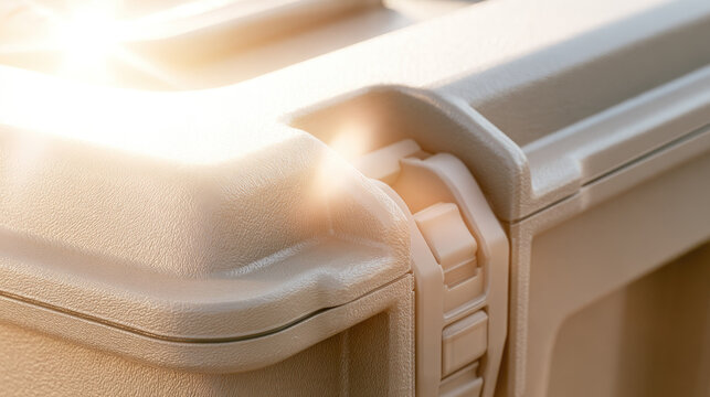 Heavy duty plastic medical case latch under bright outdoor sunlight with warm flare and textured resin surface detail
