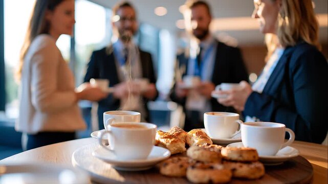 Corporate networking event during a coffee break, close up of a wooden catering table with coffee cups and pastries, business professionals wearing lanyards talking in soft focus behind, bri