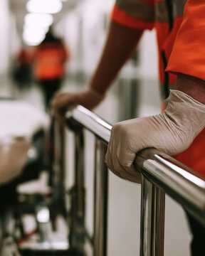 Paramedic hand stretcher rail medical transport closeup with sterile glove in clinic corridor