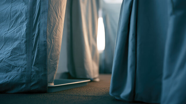 Blue privacy curtain, hospital room entrance with soft light and textured floor