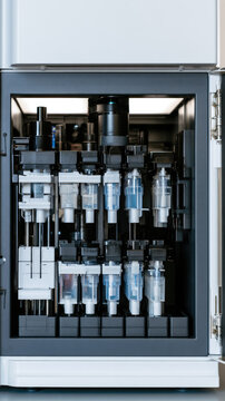 Diagnostic analyzer reagent bay with refrigerated fluid cartridges, transparent tubing, and clean fluorescent lit laboratory equipment