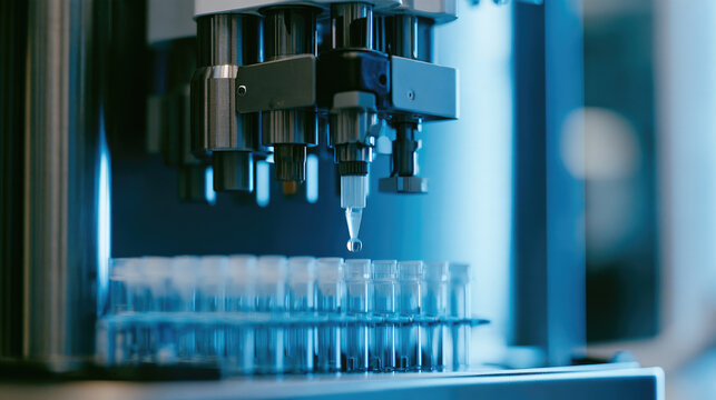 Automated sample analyzer dispensing clear liquid into laboratory tube rack under blue clinical lighting, with precise robotic equipment and clean stainless steel surfaces