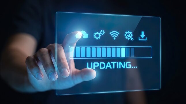 A person is shown engaging with a clear digital screen displaying a software update in progress with multiple application icons