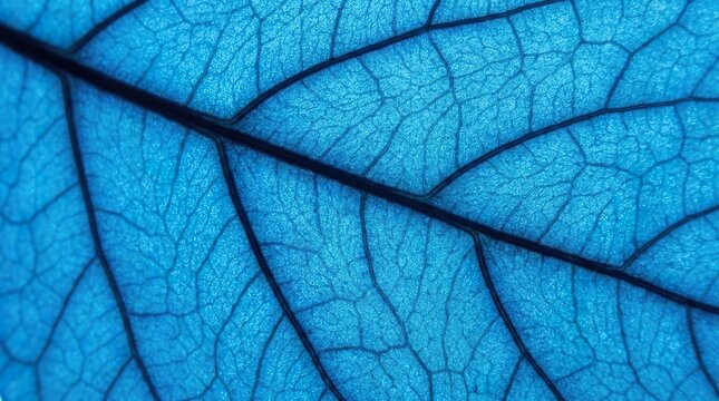 Intricate blue leaf veins create a stunning abstract natural pattern showcasing the delicate beauty of plant anatomy and structure