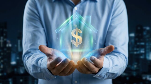 A professional businessman carefully holds a luminous digital building symbolizing innovative future smart city technology and progressive sustainable urban development ideas