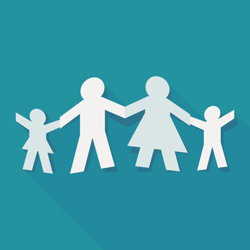 Flat design vector illustration of a paper cut family holding hands with parents and children, symbolizing togetherness, family unity, parenthood, and love
