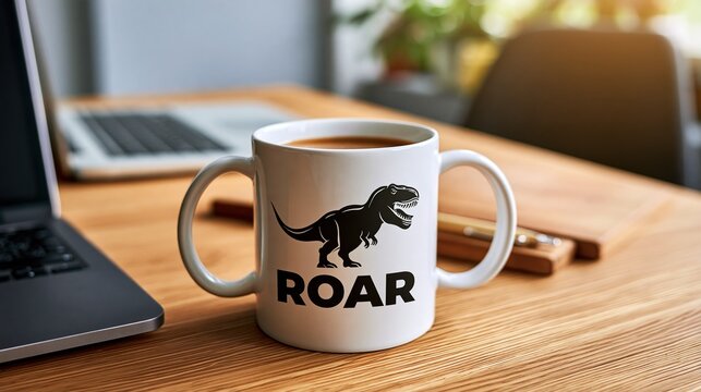 White coffee mug with black trex dinosaur and roar text on desk