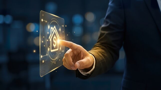 A sharply dressed business professional is using a modern digital interface with a bright house icon and flowing data streams