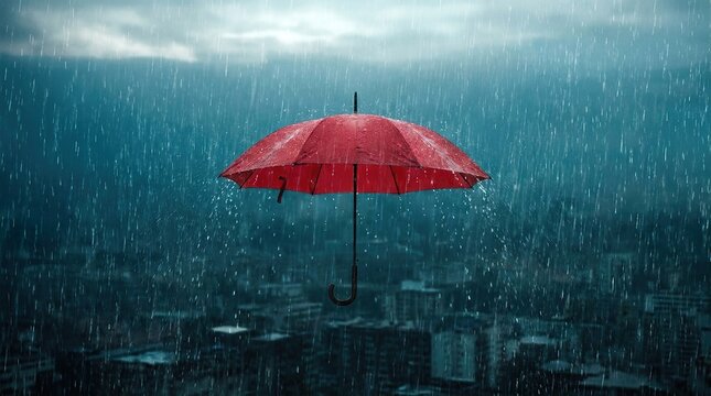 A single red umbrella stands out against a blurred background of a rainy city street scene with overcast skies