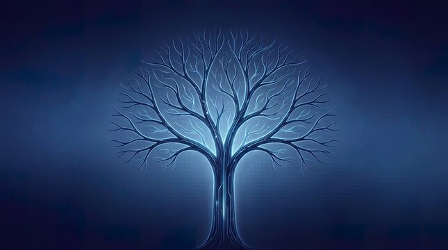 A striking abstract digital tree is beautifully formed from many small pixelated squares in varying shades of cool blue tones