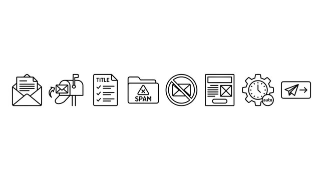 A collection of line art icons representing various email and communication concepts, including sending, receiving, spam, and settings.
