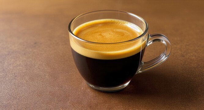 A high-angle shot of a clear glass cup filled with fresh hot espresso coffee showing a rich thick golden crema layer, placed on a brown textured table background with copy space.
