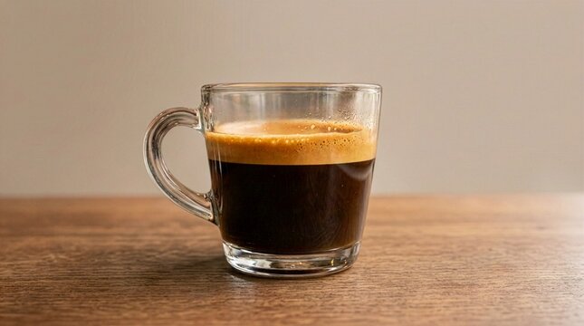 A transparent glass mug filled with freshly brewed black espresso coffee topped with rich golden crema foam, standing on a rustic wooden table against a clean minimal background.